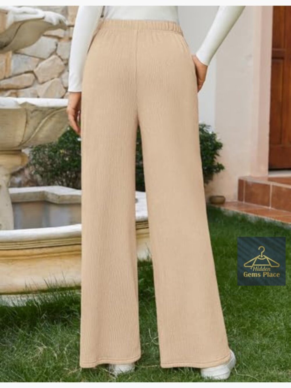 Wide Leg Palazzo Pants High Waisted Elastic Pleated Casual Trousers with Pockets - Picture 3 of 7